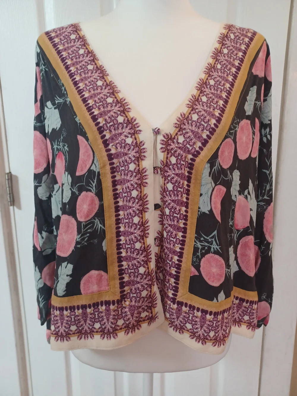Free People Freshly Squeezed Citrus Floral Kimono Top Tie Sleeve Size XS Boho